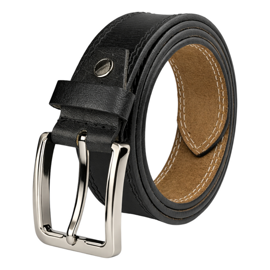 Genuine Classic Black Leather Belt with Brushed Metal Buckle