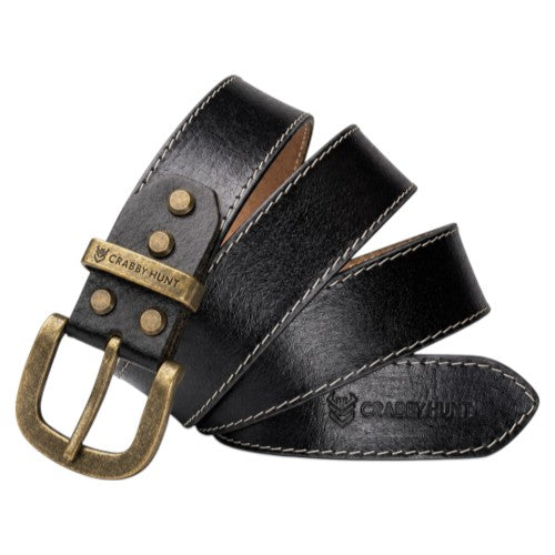 Crabby Hunt Black Leather Belt for Men – Premium Genuine Leather with Thread Stitch Design, Formal & Casual