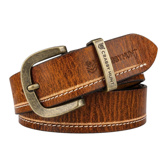 Crabby Hunt Vintage Brown Genuine Leather Belt for Men | Antique Brass Buckle | Casual & Formal Wear