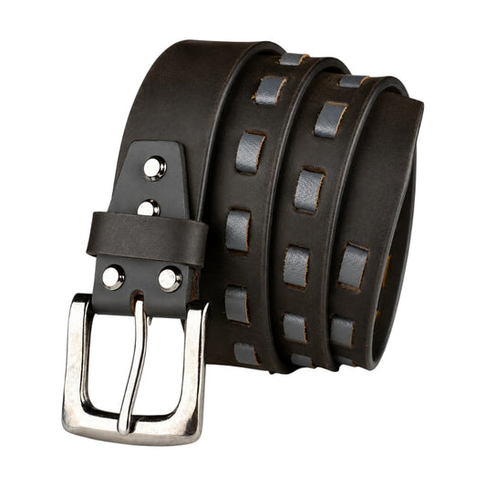 Crabby Hunt Black Genuine Leather Belt for Men | Silver Pin Buckle | Modern Cut-Out Design