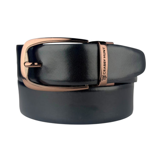Crabby Hunt Men’s Reversible Leather Belt with Metro Choco Gold Buckle