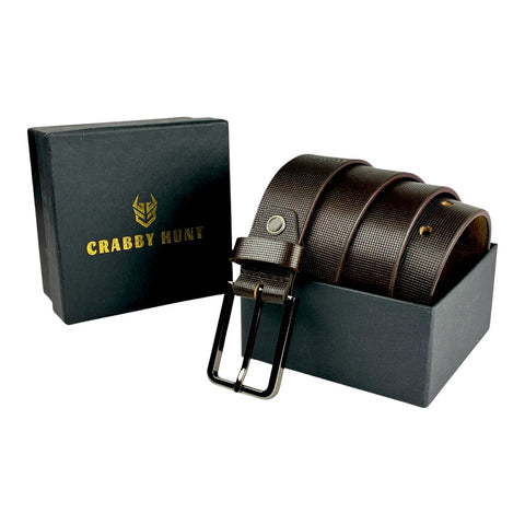 Crabby Hunt Men’s Premium Brown Textured Leather Belt with Silver Buckle