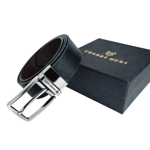 Black belt with silver buckle next to a black box labeled 'CRABBY HUNT' on a white background