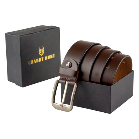 Crabby Hunt Coffee Brown Genuine Leather Belt for Men with SIlver Buckle