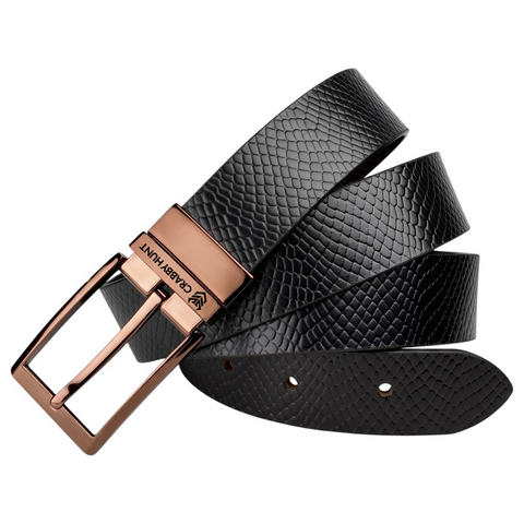 Crabby Hunt Men's Reversible Italian Leather Belt – Black & Brown Textured Belt with Rose Gold Square Buckle | Premium Genuine Leather Belt for Men