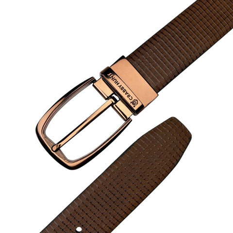 Men’s Genuine Leather Belt | Premium Textured Brown Belt with Rose Gold Buckle | Formal & Casual Wear