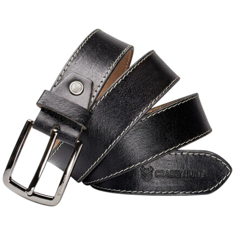 Crabby Hunt Black Leather Belt for Men – Premium Genuine Leather with Thread Stitch Design, Formal & Casual