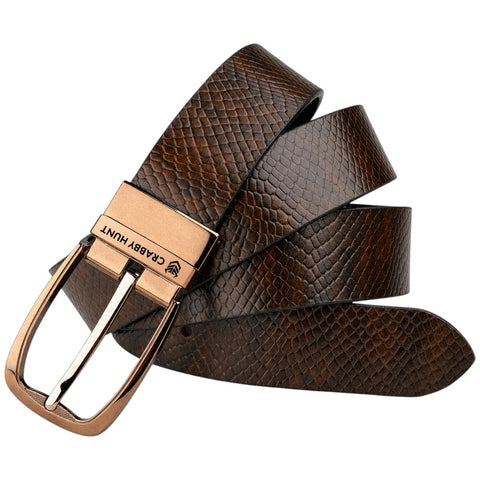 Crabby Hunt Men's Reversible Italian Leather Belt | Black & Brown Snake Texture | Premium Rose Gold Pin Buckle | Genuine Leather Belt for Men
