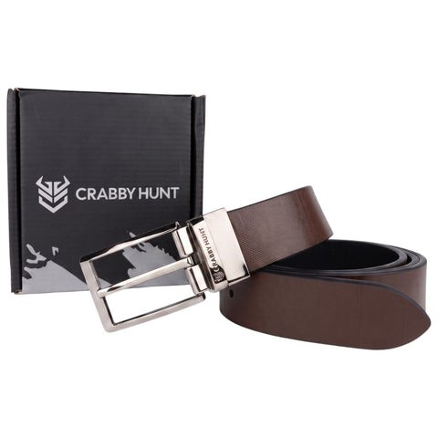 Crabby Hunt Reversible Genuine Leather Belt for Men | Black & Brown 2-in-1 Formal Belt with Premium Metal Buckle