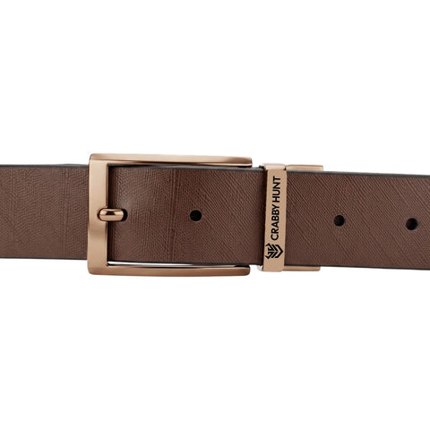 Men's Genuine Leather Belt | Textured Brown Leather Belt with Rose Gold Buckle | Crabby Hunt