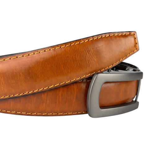 Crabby Hunt Men's Genuine Leather Auto Lock Belt – Choco Brown | Grey Ratchet Buckle | 35mm Formal Belt