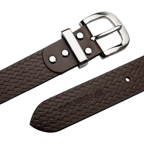 CRABBY HUNT Textured Genuine Leather Belt for Men | Premium Woven Pattern Casual Belt with Metal Pin Buckle – Brown
