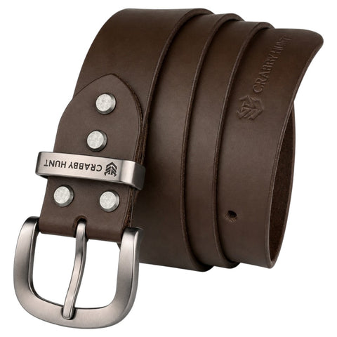 Crabby Hunt Classic Brown Leather Belt with Grey Round Buckle