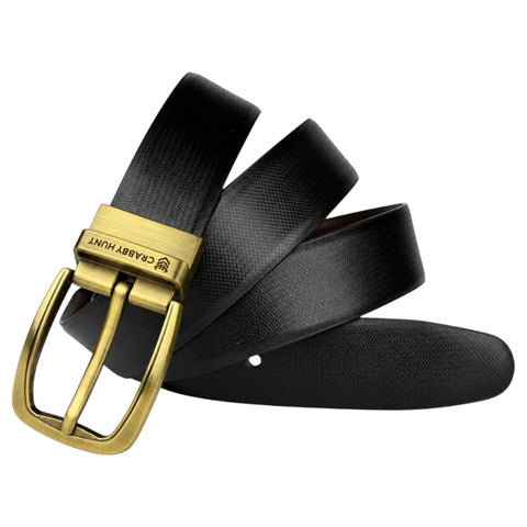 Men’s Brown & Black Reversible Genuine Leather Belt – Textured Formal Belt with Antique Gold Buckle
