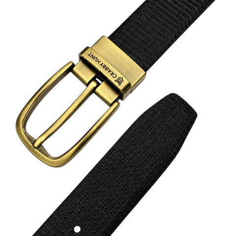 Crabby Hunt Men’s Reversible Genuine Leather Belt – Black & Tan Grid Texture with Antique Gold Buckle