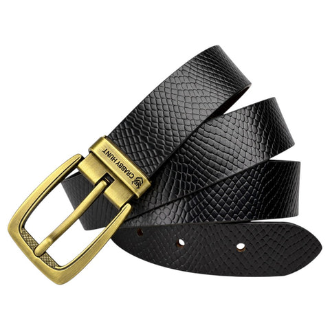 Crabby Hunt Men’s Reversible Genuine Leather Belt – Black & Brown Snake Texture with Antique Gold Buckle