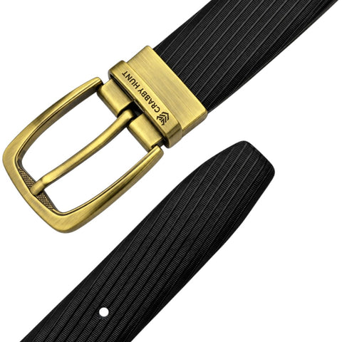 Crabby Hunt Men’s Reversible Genuine Leather Belt – Black & Brown Linear Texture with Antique Gold Buckle