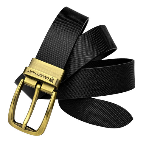 Men’s Black & Brown Reversible Genuine Leather Belt – Textured Formal Belt with Antique Gold Buckle