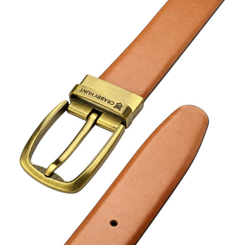 Crabby Hunt Men’s Reversible Genuine Leather Belt – Black & Tan Brown Smooth Finish with Antique Gold Buckle