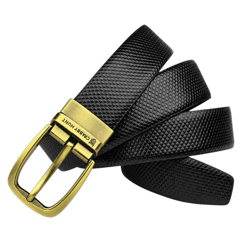 Crabby Hunt Men’s Reversible Genuine Leather Belt – Black & Brown Snake Pattern with Antique Gold Buckle