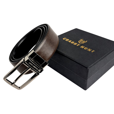 Crabby Hunt Reversible Men’s Leather Belt – Dual Color Black & Brown with Premium Metal Square Buckle