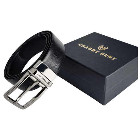 Men’s Leather Wallet & Belt Set – Textured Black Wallet & Gunmetal Front-Slider Belt