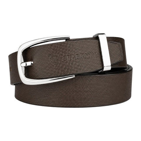 Crabby Hunt Men's Brown Leather Belt with Square Grid Texture & Gunmetal Round Buckle