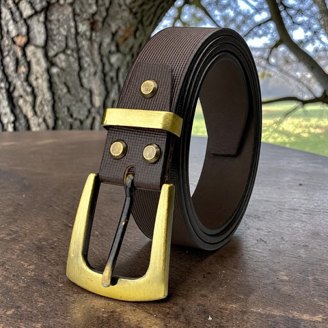 Crabby Hunt Premium Brown Leather Belt with Square Grid Texture & Golden Buckle | Formal & Casual Men's Belt