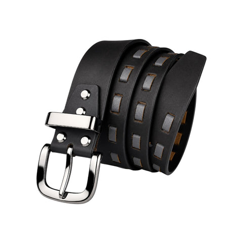 CRABBY HUNT Genuine Leather Belt for Men | Black Casual Belt with Cutout Design & Polished Metal Buckle