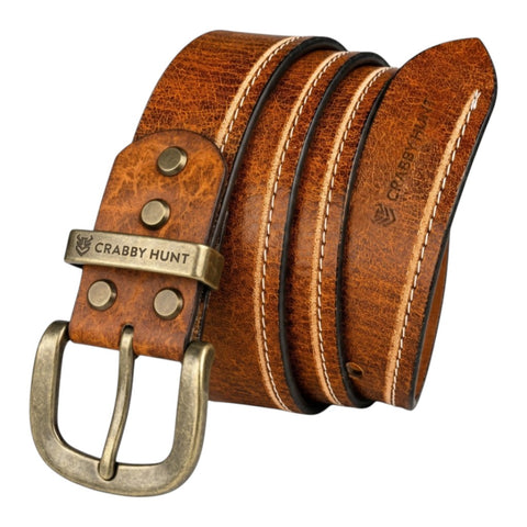 Crabby Hunt Vintage Brown Genuine Leather Belt for Men | Antique Brass Buckle | Casual & Formal Wear
