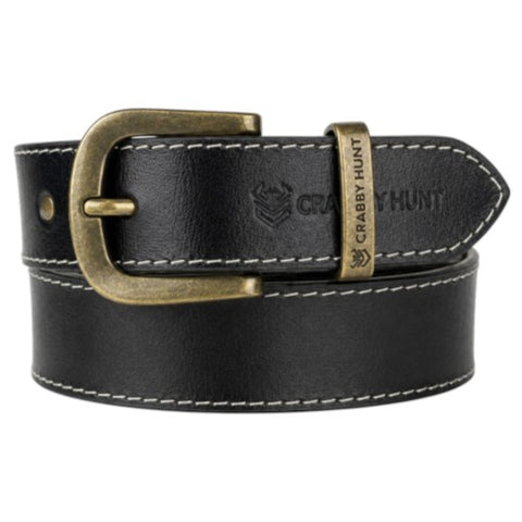 Crabby Hunt Black Leather Belt for Men – Premium Genuine Leather with Thread Stitch Design, Formal & Casual