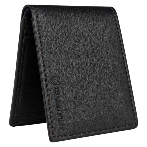 CRABBY HUNT Premium Black Leather Wallet for Men | Classic Bi-Fold Design