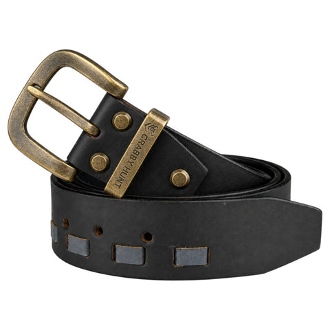 CRABBY HUNT Vintage Genuine Leather Belt for Men | Black Leather Belt with Antique Brass Buckle