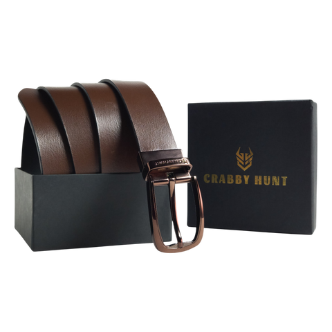 Crabby Hunt Men’s Reversible Leather Belt with Choco Gold Buckle