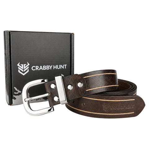 Crabby Hunt Brown Genuine Leather Belt for Men – Dual Stripe Design, Premium Craft