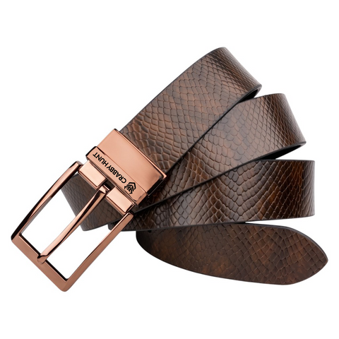 Crabby Hunt Men's Reversible Italian Leather Belt – Black & Brown Textured Belt with Rose Gold Square Buckle | Premium Genuine Leather Belt for Men