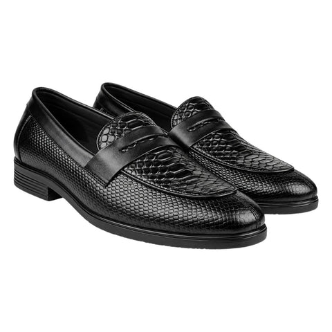 Crabby Hunt Men’s Black Textured Penny Loafers – Snake Pattern Formal Slip-On Shoes