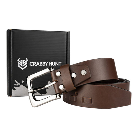 CRABBY HUNT Genuine Leather Belt for Men | Premium Brown Casual Belt with Antique Metal Pin Buckle