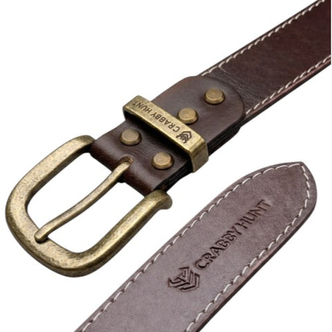 Crabby Hunt Men Genuine Leather Belt with Stitching | Dark Brown Formal & Casual Belt | Premium Thread Design