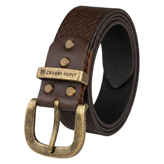 Crabby Hunt Brown Woven Pattern Leather Belt for Men – Genuine Leather, Elegant Texture, Stylish & Long-Lasting