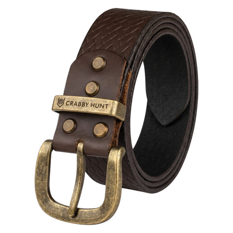 Crabby Hunt Brown Woven Pattern Leather Belt for Men – Genuine Leather, Elegant Texture, Stylish & Long-Lasting