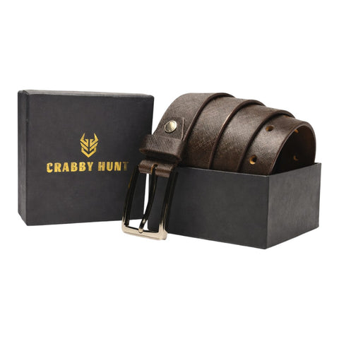 Crabby Hunt Premium Brown Textured Leather Belt with Silver Buckle