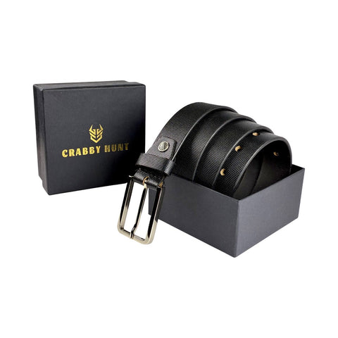 Crabby Hunt Men’s Premium Black Textured Leather Belt with Metal Buckle