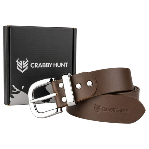 Crabby Hunt Premium Smooth Brown Leather Belt with Gunmetal Round Buckle & High-Shine Metal