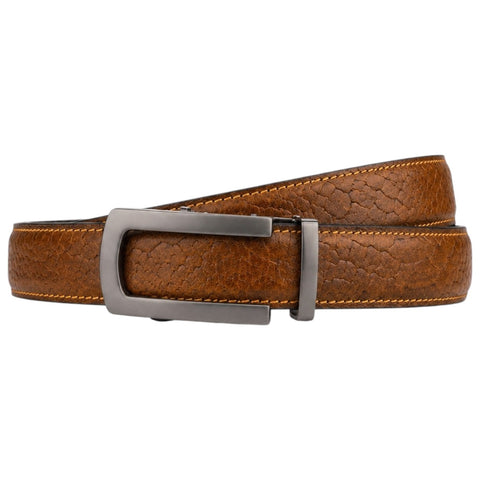 Crabby Hunt Men's Genuine Leather Auto Lock Belt – Python Texture Brown | Grey Ratchet Buckle | 35mm Formal Belt