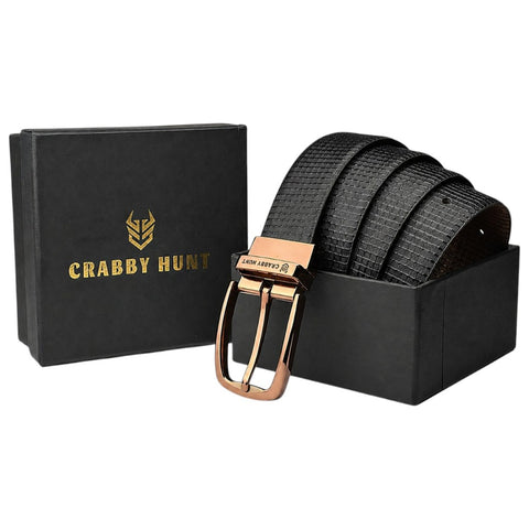 Men’s Genuine Leather Belt | Premium Textured Brown Belt with Rose Gold Buckle | Formal & Casual Wear