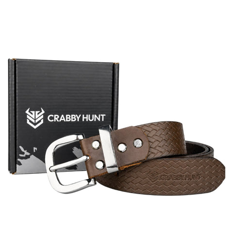 CRABBY HUNT Textured Genuine Leather Belt for Men | Premium Woven Pattern Casual Belt with Metal Pin Buckle – Brown