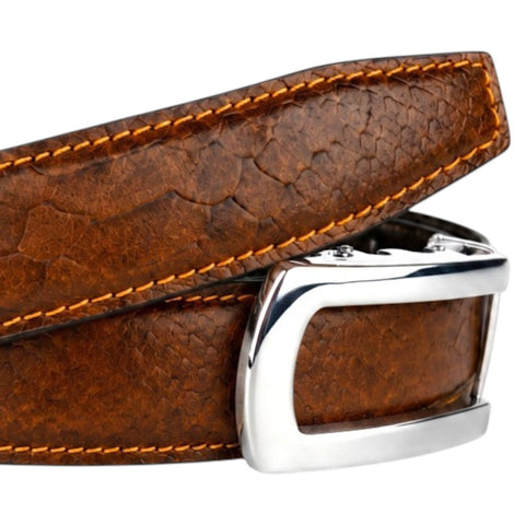 Crabby Hunt Men's Genuine Leather Auto Lock Belt – Brown Python Texture | Silver Ratchet Buckle | 35mm