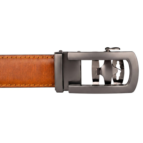 Crabby Hunt Men's Genuine Leather Auto Lock Belt – Choco Brown | Grey Ratchet Buckle | 35mm Formal Belt