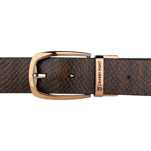 Crabby Hunt Men's Reversible Italian Leather Belt | Black & Brown Snake Texture | Premium Rose Gold Pin Buckle | Genuine Leather Belt for Men